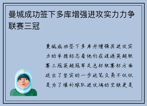 曼城成功签下多库增强进攻实力力争联赛三冠 曼城成功签下多库增强进攻实力力争联赛三冠