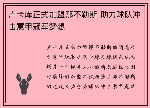 卢卡库正式加盟那不勒斯 助力球队冲击意甲冠军梦想
