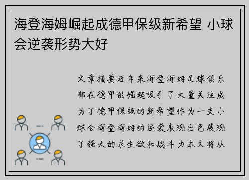 海登海姆崛起成德甲保级新希望 小球会逆袭形势大好 海登海姆崛起成德甲保级新希望 小球会逆袭形势大好